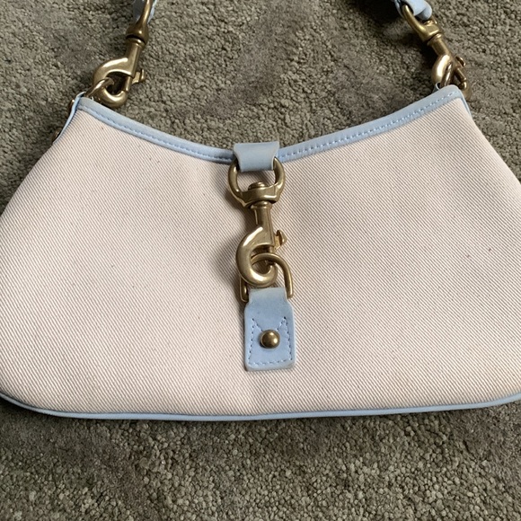 Canvas purse with blue leather trim and strap - Picture 2 of 4